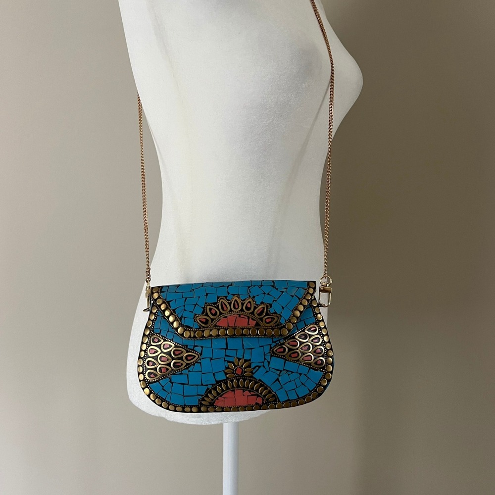 Ramla‎ Handmade Blue Mosaic Clutch Evening Bag Gold Chain